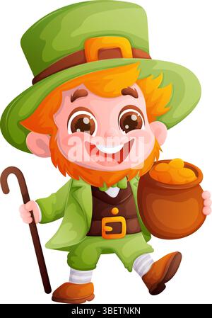 Adorable dessin animé leprechaun en costume vert et chapeau, tenant un pot d'or et un bâton de marche, parfait pour les célébrations et les designs de Patricks Day. Illustration de Vecteur