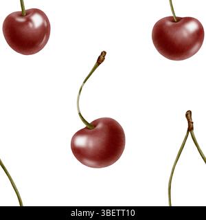 Cerises mûres fraîches sur une branche de fruits dans un modèle sans couture, baies juteuses rouges brillantes à l'aquarelle illustration isolée dessinée à la main pour le textile de cuisine Banque D'Images
