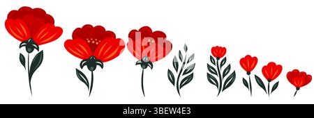 Ensemble vectoriel de clips arts d'un coquelicot stylisé lumineux et de feuilles vertes. Collection décorative de composition florale de style folklorique idéale pour les impressions, l'emballage Illustration de Vecteur