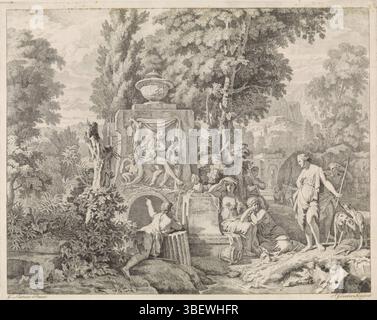 Amsterdam, Schenk, Leonard, Amsterdam, Lairesse, Gerard de, inconnu, Glauber, Johannes, biblique, performances mythologiques et allégoriques, paysage avec une fontaine et Diane et ses nymphes, verso gauche en bas - estampillé, un paysage arcadien avec une fontaine classique-romaine. Diana et ses nymphes autour de la fontaine. L'estampe fait partie d'une série avec des performances bibliques, mythologiques et allégoriques., estampe, hauteur 420 mm, largeur 530 mm, 1646 - 1726, graveur, 1685 - 1689, papier, gravure, Noord-Nederlands, 1641 - 1711, rédacteur intermédiaire, après dessin, publication (événement), publication Banque D'Images