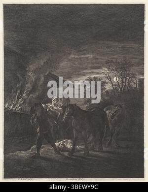 Laer, Pieter Bodding van, Amsterdam, Visscher, Cornelis (II), Haarlem, vol Paarden, verso - estampillé, dans la nuit un voleur sort de ses pieds avec deux chevaux en laisse. Une femme s'est écrasée les mains désespérées devant l'homme blessé allongé devant elle. En même temps, l'homme à côté d'elle lui crie quelque chose. La clôture de la maison en arrière-plan est en feu et la pleine lune est dans le ciel., impression, hauteur 365 mm, largeur 293 mm, nord-néerlandais, 1629 - 1658-01-16, graveur, 1638 - 1658, papier, gravure, gravure, impression, Nord des pays-Bas, 1599-12-14 - 1642-06-30 Banque D'Images