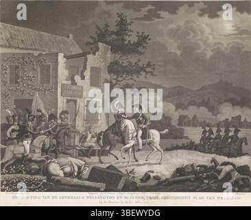 Amsterdam, Numan, J., Nederland, Hoogkamer, Willem Hendrik, première série de quatre enregistrements des batailles de quatre-bras et Waterloo, rencontre des généraux Wellington et Blucher, après la bataille finale de Waterloo. À la ferme ; la belle Alliance, rencontre entre Wellington et Blücher après la bataille de Waterloo, 1815, Amsterdam, pays-Bas, verso - estampillé, rencontre entre les commandants le duc de Wellington et le prince Blücher, dans la soirée après la bataille de Waterloo le 18 juin 1815, devant la ferme la belle Alliance. Liens Prussian huzaren., print, Frederik Muller histoire Banque D'Images