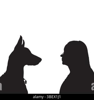 Silhouette de femme faisant face au chien sur fond blanc Illustration de Vecteur