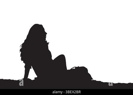Silhouette d'une femme détendue, baignée de soleil, assise à l'extérieur, avec une ambiance calme et paisible. Illustration de Vecteur