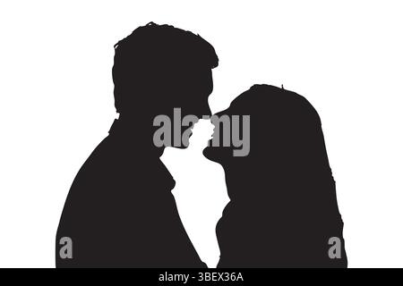 Une silhouette noire et blanche d'un couple face à face, semblant presque toucher le nez. Illustration de Vecteur