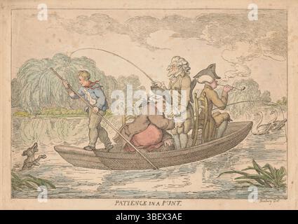 Angleterre, Bunbury, Henry William, Angleterre, patience in a point, Fishers in a boat, verso - estampillé, Spotprint avec quatre figures dans un bateau, un jeune homme punts, deux hommes pêchant avec des cannes, un quatrième homme fumant assis sur une chaise une pipe., impression, dessin animé, impressions, dessins animés anglais, hauteur 250 mm, largeur 354 mm, imprimeur, 1775 - 1825, papier, gravure, anglais, 1750 - 1811, rêveur intermédiaire Banque D'Images