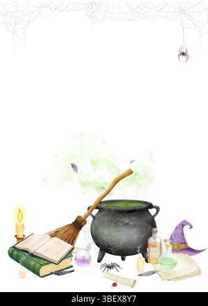 Un chaudron de potions magiques, un balai et un chapeau de sorcière, un ancien rouleau et des livres à côté. Illustration aquarelle. Carte postale d'Halloween avec araignée Banque D'Images
