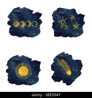 Symboles dorés de corps célestes sur le fond du ciel étoilé. Illustration aquarelle. Les symboles des phases de la lune, comète, soleil, an Banque D'Images