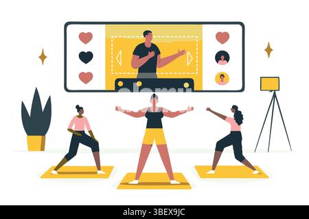 Habilitant les amis de fitness virtuels trouvent de la joie dans les cours d'entraînement en ligne améliorant la communauté avec des graphiques vectoriels vibrants Illustration de Vecteur