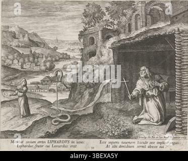 Rodolphe II de Habsbourg (empereur allemand), Clemens VIII, Sadeler, Raphaël (I), Johann (I), vos, Maerten de, Venice, Oraculum Anachoritic, Hermits, Saint Lipharde comme ermite, verso gauche en bas - estampillé, Un paysage avec ruine. Au premier plan le Saint Lipharde de Meung-sur-Loire, un ermite du vie siècle après JC. Il est agenouillé dans sa cabine en train de prier. En arrière-plan un moine à côté d'un bâton sur lequel la tête d'un serpent. Le corps du serpent se trouve à côté du bâton sur le sol., impression, hauteur 168 mm, largeur 210 mm, sud-néerlandais, 1560, graveur, 1600 - 1600, papier, gravure, gravure (printi Banque D'Images