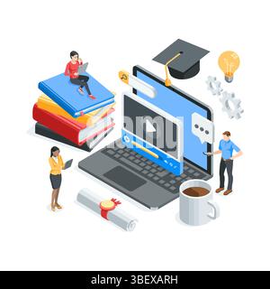 illustration vectorielle isométrique sur le thème de l'éducation et des cours en ligne, en couleur sur un fond blanc, les gens avec des tablettes et des smartphones près d'un Illustration de Vecteur