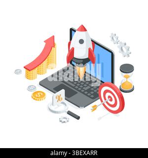 illustration vectorielle isométrique sur le sujet du démarrage d'entreprise, en couleur sur un fond blanc, un ordinateur portable avec une fusée de lancement et un tableau de pièces d'esprit Illustration de Vecteur