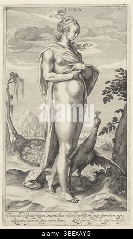 Delft, Mierevelt, Michiel Jansz. Van, Leiden, Swanenburg, Willem Isaacsz. De, jugement de Paris, Iuno, Juno avec paon, Delft, Michiel Jansz van, verso en bas à gauche - estampillé, Juno se tient près d'un arbre. À côté d'elle se trouve un paon représenté. Au loin se trouve un village. Sous la représentation se trouve un texte latin de quatre lignes avec une description de la promesse de Juno à Paris., imprimé, hauteur 247 mm, largeur 143 mm, néerlandais du Nord, 1580-01-29 - 1612-05-31, imprimeur, 1595-1612, papier, gravure, gravure (processus d'impression), concept de travail, 1567-05-01 - 1641-06-27 Banque D'Images