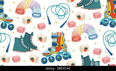 Modèle sans couture rétro des années 1990 avec baskets, patins à roulettes, gomme à bulles, jouet de printemps et corde à sauter dans le style plat de dessin animé. Texture nostalgique brillante perfe Illustration de Vecteur