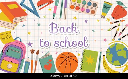 Bannière rectangulaire de retour à l'école avec du texte au centre, entouré d'articles scolaires de bande dessinée colorés comme sac à dos, livres, basket-ball, marqueurs et douleur Illustration de Vecteur