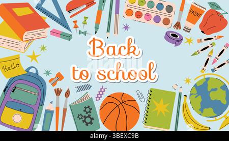 Affiche amusante de retour à l'école pour les garçons avec des articles d'école audacieux comme le basket-ball, sac à dos, livres, crayons et peintures disposés autour du bord sur le dos bleu Illustration de Vecteur