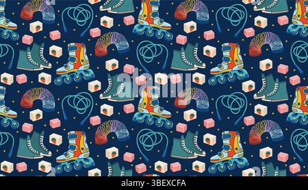Modèle sans couture rétro des années 1990 avec baskets, patins à roulettes, gomme à bulles, jouet de printemps et corde à sauter dans le style plat de dessin animé. Texture nostalgique brillante perfe Illustration de Vecteur