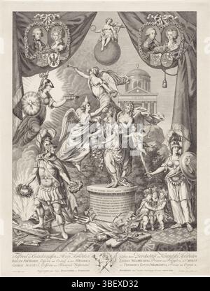 Fargue, Paulus Constantijn la, visser, Jan Gerritsz., Amsterdam, représentation allégorique sur deux mariages royaux, verso - estampillé, représentation allégorique sur les mariages de Willem Ier Frederik, futur roi des pays-Bas avec Wilhelmina van Prussen, représentés dans les médaillons à gauche, et sur ceux de Frederica Louisa Wilhelmina, princesse d'Orange-Nassau avec Charles George August Erfprin de Brunswijk-Wolfenbüttel, dont les portraits sont représentés ci-dessus à droite. Une figure de femme allégorique sur un piédestal obtient deux coeurs attachés autour du cou d'une figure de femme avec une couronne de rayon sur la poitrine W. Banque D'Images