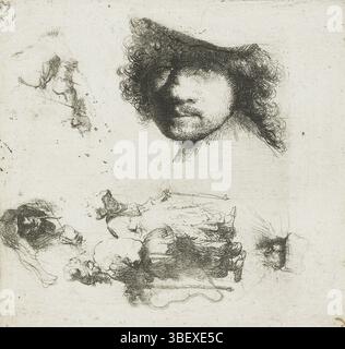 Rijn, Rembrandt van, Rijn, Studieblad : Autoportrait, quelques mendiants, têtes de vieil homme et d'une femme, etc., feuille ou études : tête de l'artiste, un couple de bégards, têtes d'un vieil homme et d'une femme, verso gauche en bas - estampillé, impression, 6 (miroir), droite en bas, hauteur 99 mm, largeur 105 mm, Néerlandais du Nord, 1606-07-15 - 1669-10-08, graveur, 1630 - 1634, deuxième quart XVIIe siècle, papier, gravure, conception d'œuvres, Noord-Nederlands, selon sa propre conception Banque D'Images