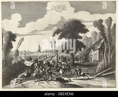 Nord des pays-Bas, Don Cantelmo à Burgerhout par Anvers battu Anno 1643, Espagnols sous Don Cantelmo à Borgerhout battu, 1643, Nord des pays-Bas, combattent près de Borgerhout près d'Anvers où une armée espagnole de Don Andrea Cantelmo sous le commandement de Don Juan de Borges est vaincue par les troupes de l'État sous le commandement du prince Willem II, le 4 septembre 1643. Combat de chevaux dans le village. Marqué en haut à gauche : deuxième partie Fol : 146., estampes, historien, estampes, Frederik Muller plaques historiques, hauteur 278 mm, largeur 362 mm, graveur, 1649 - 1651, deuxième quart du xviie siècle, troisième quart du xviie siècle Banque D'Images