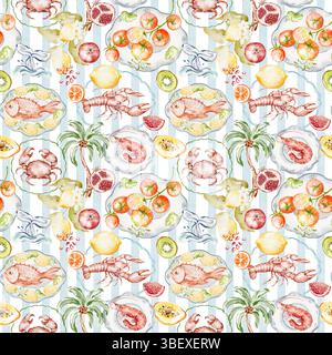 Motif aquarelle sans couture méditerranéenne avec fruits de mer et agrumes sur rayures bleues Banque D'Images