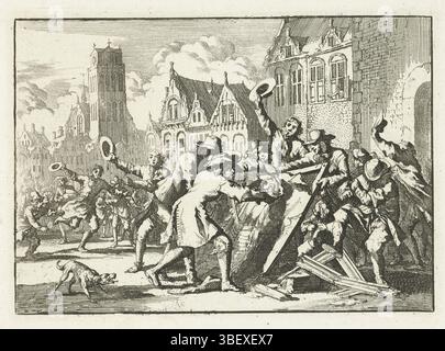 Amsterdam, Luyken, Jan, destruction par le peuple de Dordrecht de la peinture en l'honneur de Cornelis de Witt, 1672, Amsterdam, destruction par le peuple en colère de Dordrecht en 1672 de la peinture allégorique de Jan de Baen avec la glorification de Cornelis de Witt à l'occasion de la victoire sur les Anglais lors du voyage à Chatham, 20-23 juin 1667., Frederik Muller plaques historiques, hauteur 113 mm, largeur 155 mm, Noord-05-04-1649-04-04-04-04, 1712-04-04-04-04, graveur, 1700 - 1700, quatrième quart du xviie siècle, papier, gravure, gravure Banque D'Images