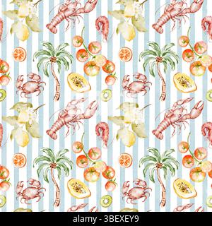 Motif aquarelle sans couture méditerranéenne avec fruits de mer et agrumes sur rayures bleues Banque D'Images