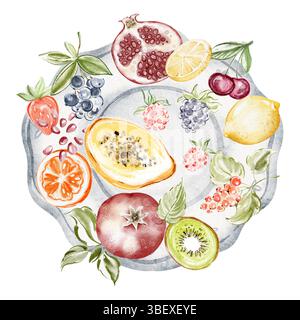 Illustration aquarelle de fruits et baies assortis disposés sur une assiette. Comprend les mûres, les fraises, le kiwi, le citron et la grenade. Banque D'Images