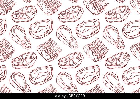 Modèle sans couture avec coupe de viande crue de style art au trait, steak, côtes et fond blanc d'agneau. Parfait pour l'emballage de livraison, papier peint de cuisine ou boucher Illustration de Vecteur