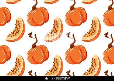 Modèle sans couture avec citrouille et tranche dans le style de dessin animé. Conception de fond d'automne mignon pour le jour de Thanksgiving, Halloween, fond d'écran de cuisine d'automne Illustration de Vecteur