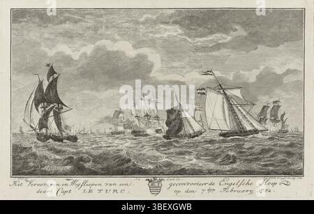 Rotterdam, Leeuw, Jan de (éditeur), Kobell, Jan (I), Noordelijke Nederlanden, Sallieth, Mathias de, Roose, Hendrik, Het Verooveren en Weglegen van een convooderde Engelsche Sloop Door Capt : le turc le 7 février 1782, conquête d'un sloop anglais, 1782, Rotterdam, pays-Bas du Nord, verso - estampillé, conquête et remorquage d'un sloop anglais d'un convoi par le capitaine pirate de l'air Pierre le Turcq avec le navire de Vlissinger, le 7 février 1782. Partie d'un groupe de cinq illustrations des conquêtes de Pierre le Turcq en 1782. Dans la marge le titre avec au milieu les armoiries de Banque D'Images
