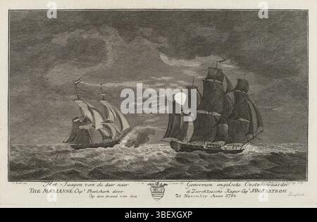 Rotterdam, Leeuw, Jan de (éditeur), Kobell, Jan (I), Noordelijke Nederlanden, Sallieth, Mathias de, Roose, Hendrik, Het Jaagen van de er naar Genoomen engelsche Baltic Seafarer The Marianne Capt. Phielskerk by the Zierikzeesche Kaper Capt. J :W :Sextroh le soir du 20 novembre Anno 1782, Sextroh Hunts on the Marianne, 1782, Rotterdam, Northern Netherlands, verso - caché, le capitaine de pirate de l'air Zierikzeese J.W. Sextroh chasse le marin anglais Baltique Marianne le 20 novembre 1782. Le navire a ensuite été pris par Pierre le Turcq. Partie d'un groupe de cinq illustrations des conquêtes b Banque D'Images