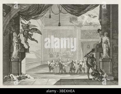 Rotterdam, Hendriksen, Jan, Malleyn, Gerrit, Noordelijke Nederlanden, Sallieth, Mathias de, Allegorie à la fondation de l'Oprechte Vaderlandsche Society à Rotterdam, 1787, Rotterdam, pays-Bas du Nord, verso - estampillé, Allegorie à la fondation de la société orangiste Oprechte Vaderlandsche Society à Rotterdam, 7 ou 18 janvier 1787. Intérieur avec des hommes assis autour d'une table, aux murs représentations de l'Union d'Utrecht (1579) et du Synode Dordtse (1618-1619). Au premier plan, le temps du Père lève le rideau et révèle des images de religion, de liberté et d'Hercule battant le Banque D'Images