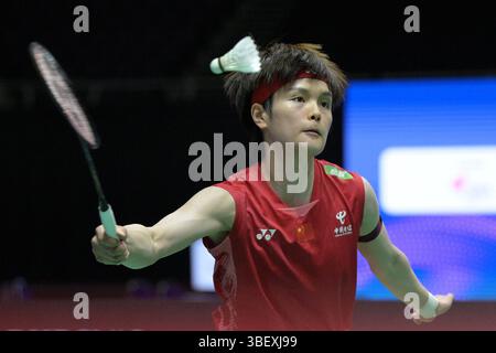Singapour. 30 mai 2025. Wang Zhiyi fait son retour lors du match de quart de finale en simple féminin entre Wang Zhiyi, de Chine, et Pornpawee Chochuwong, de Thaïlande, au Singapore Badminton Open 2025 à Singapour, le 30 mai 2025. Credit : puis Chih Wey/Xinhua/Alamy Live News Banque D'Images