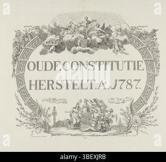 Zürcher, Antoni, pays-Bas septentrionaux, visser, Jan Gerritsz., restauration de l'ancienne Constitution. AO. 1787, Allegorie sur la restauration du stadholder, 1787, verso - estampillé, Allegorie sur la restauration du stadholder Willem V en 1787 par l'intervention des troupes prussiennes. Inscription calligraphique avec vignettes allégoriques. Au-dessus du soleil radieux se trouve Justice avec prudence et paix. A gauche et à droite, des cornes d'abondance coulent de fruits et de richesses. Au bas d'une vignette avec liberté et temps Père. L'impression comprend une déclaration., impression, plaques d'histoire Frederik Muller, hauteur Banque D'Images