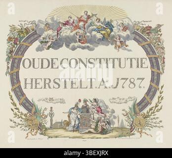 Zürcher, Antoni, pays-Bas septentrionaux, visser, Jan Gerritsz., restauration de l'ancienne Constitution. AO. 1787, Allegorie sur la restauration du stadholder, 1787 (coloré), verso - estampillé, Allegorie sur la restauration du stadholder Willem V en 1787 par l'intervention des troupes prussiennes. Inscription calligraphique avec vignettes allégoriques. Au-dessus du soleil radieux se trouve Justice avec prudence et paix. A gauche et à droite, des cornes d'abondance coulent de fruits et de richesses. Au bas d'une vignette avec liberté et temps Père. L'impression comprend une déclaration., impression, plaque historique Frederik Muller Banque D'Images