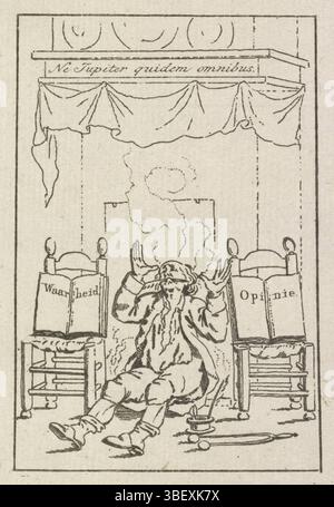 Pays-Bas, Woensel, Pieter van, historien Radeloos, 1796, pays-Bas, verso - estampillé, empreinte d'un écrivain qui est assis distrayement dans les cendres brûlantes sur le sol devant la cheminée. Il lève les mains en l'air et tient une plume d'écriture dans sa bouche. De chaque côté de lui deux livres sur des chaises : gauche la vérité, droite l'opinion., impression, illustration de livre, dessin animé, estampes, Frederik Muller plaques historiques, hauteur 121 mm, largeur 86 mm, Néerlandais, 1747-01-10 - 1808-04-21, graveur, 1795 - 1796, papier, gravure, gravure Banque D'Images