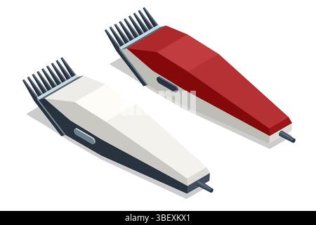 Vecteur isométrique de deux tondeuses à cheveux électriques en rouge et blanc. Articles essentiels pour coiffeur utilisés pour la tonte des cheveux et les coupes de cheveux de précision. Illustration de Vecteur