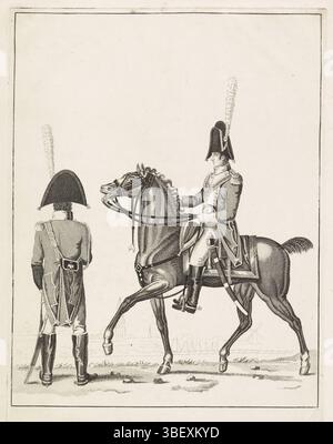 Amsterdam, Maaskamp, Evert, Amsterdam, pays-Bas, Erewacht te Arnhem, 1811, verso - estampillé, deux membres de la cavalerie de la garde honoraire à Arnhem. Test d'impression de douze plaques des différents uniformes des gardes honoraires des sept départements néerlandais, fondé pour la visite de Napoléon Bonaparte aux pays-Bas en 1811. Avec différents chapeaux, sans le titre mais avec le profil de la ville., print, costume print, estampes, Frederik Muller Historyplates, hauteur 325 mm, largeur 230 mm, imprimeur, 1811-1811, papier, pointillés, gravure, Noord-Nederlands, 1769-09-27 - 1834-01-31, supervision, P Banque D'Images