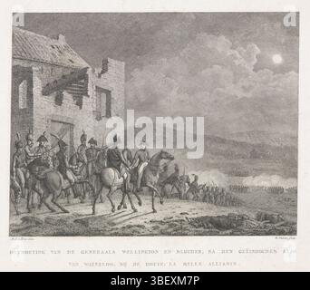 Bree, Mattheus Ignatius van, Nederland, Vinkeles, Reinier (I), rencontre des généraux Wellington et Blucher, après la bataille finale à Waterloo, à la ferme : la belle Alliance, rencontre entre Wellington et Blücher après la bataille de Waterloo, 1815, pays-Bas, verso - estampillé, rencontre nocturne entre les généraux Wellington et Blücher à la ferme la belle Alliance après la bataille de Waterloo le 18 juin 1815. Partie d'un groupe d'illustrations des événements autour et pendant les batailles de quatre-bras et Waterloo, 16-18 juin 1815., estampe, plaques d'histoire Frederik Muller, hauteur 208 mm, largeur Banque D'Images