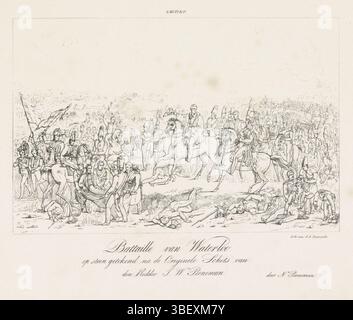 Pieneman, Jan Willem, Daiwaille, Jean Augustin, pays-Bas, Pieneman, Nicolaas, bataille de Waterloo. Dessiné sur pierre d'après le croquis original du chevalier J.W. Pieneman, bataille de Waterloo, 1815, bataille de Waterloo, 18 juin 1815. Affrontez le champ de bataille lorsque le commandant anglais Wellington apprend que l'aide prussienne est en route. Le blessé Guillaume, Prince d'Orange, est emporté à gauche au premier plan. Les commandants et autres officiers à cheval se tiennent au milieu, juste au premier plan blessés et morts soldats. En arrière-plan, les batailles sur le champ de bataille font rage. Haut Banque D'Images