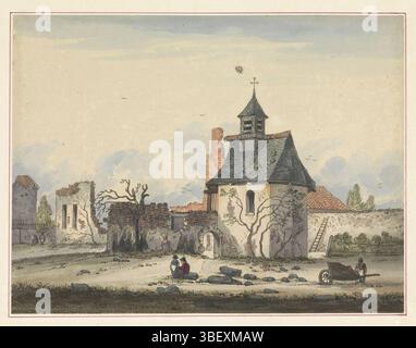 Pays-Bas, sept plaques de Waterloo et environs, ruine de Hougoumont, verso - estampillé, vue sur les ruines du château et la ferme de Hougoumont, lieu de combats acharnés, près de Waterloo. Central la chapelle. Partie d'une série de sept planches avec des visages d'environ 1820 de la région où la bataille de Waterloo a eu lieu le 18 juin 1815., estampe, plaques d'histoire Frederik Muller, hauteur 197 mm, largeur 259 mm, graveur, 1815 - 1825, papier, gravure, couleurs de la main, création d'expression Banque D'Images