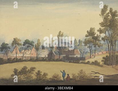 Pays-Bas, sept plaques de Waterloo et environs, ruine de Hougoumont, verso - estampillé, vue sur les ruines du château et la ferme de Hougoumont, lieu de combats acharnés, près de Waterloo. Les ruines vues de loin. Partie d'une série de sept planches avec des visages d'environ 1820 de la région où la bataille de Waterloo a eu lieu le 18 juin 1815., estampe, plaques d'histoire Frederik Muller, hauteur 195 mm, largeur 260 mm, graveur, 1815 - 1825, papier, gravure, couleurs à la main Banque D'Images