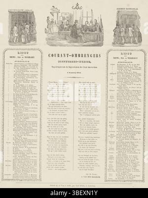 Amsterdam, Kok-van Kolm, Widow C., Amsterdam, courant-ombringers Nieuwjaars-Wensch 1854, Nieuwjaarswens van de Amsterdamse veldverbringers voor het jaar 1854, verso - gestamping, Nieuwjaarswegen au nom des ombenders van werkplaats (krantverbenderers) à Amsterdam pour l'année 1854. Au sommet de trois vignettes avec l'intérieur central d'une société avec messieurs lisant des journaux, a quitté le bureau de l'Amsterdamsche courant, à droite le bureau du General Handelsblad. Au bas d'un poème en deux colonnes avec des listes de journaux, journaux et hebdomadaires aux pays-Bas. Banque D'Images