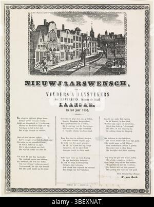 Zaandam, Dekker CZN., G., Nederland, Numan, Hermanus, Nieuwjaarswensch, Door de Vulders & Lighters der Lanterns, binnen de Stad Zaandam. Sur l'année 1852, le souhait du nouvel an des lanternes Zaandam pour l'année 1852, pays-Bas, verso - estampillé, le souhait du nouvel an des lanternes Zaandam pour l'année 1852. Quelques poteaux de lanterne avec des échelles travaillant dans une rue à Zaandam. Deux hommes vont chercher de l'argent dans une maison. Dans un cadre de fichier. Au bas d'un verset en trois colonnes. Au nom de la lanterne : Jn. Van Heek., print, New Year's Wish, Prints, Frederik Muller Historyplaten, den Weledele Heer Bodel Banque D'Images