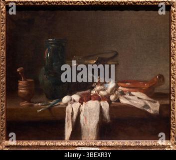 Nature morte avec pilon et mortier, pichet et chaudron de cuivre, 1728-1732, Jean-Baptiste-Siméon Chardin (París, 1699-1779), exposition Proust et le Banque D'Images