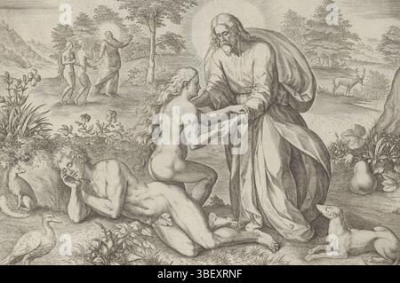 Anvers, Jode, Gerard de, Broeck, Crispijn van den, Sadeler, Johann (i), Thesaurus sacrarum historiaru[m] Veteris testame[n]TI, elega[n]tissimis imaginibus expressu[m] excelle[n]tissimoru[m] in HAC Arte viroru[m] opera : nu[n]c primu[m] in luce[m] editus, Historia creationis mundi, création et chute, création d'Eva, Anvers, Dieu le Père crée Ève du côté de l'Adam endormi et l'aide à terminer. Laissé à l'arrière-plan, Dieu pointe Adam et Ève à l'arbre de la connaissance du bien et du mal. Juste au premier plan un chien. En bas se trouve une référence au texte de la Bible en latin. Prent est partie o Banque D'Images