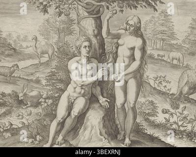 Anvers, Jode, Gerard de, Broeck, Crispijn van den, Sadeler, Johann (i), Thesaurus sacrarum historiaru[m] Veteris testame[n]TI, elega[n]tissimis imaginibus expressu[m] excelle[n]tissimoru[m] in HAC Arte viroru[m] opera : nu[n]c primu[m] in luce[m] editus, Historia creationis mundi, création et automne, Ève tente Adam de manger de l'arbre, Eve, et de la pomme d'un arbre, et de la connaissance du mal. Dans l'arbre le serpent. Différents animaux en arrière-plan. En bas se trouve une référence au texte de la Bible en latin. Prent fait partie d'un album., impression, feuille d'albumsheet, impressions, hauteur 198 Banque D'Images
