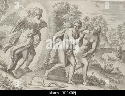 Anvers, Jode, Gerard de, Broeck, Crispijn van den, Sadeler, Johann (i), Thesaurus sacrarum historiaru[m] Veteris testame[n]TI, elega[n]tissimis imaginibus expressu[m] excelle[n]tissimoru[m] in hac Arte viroru[m] opera : nu[n]c primu[m] in luce[m] editus, Historia creationis mundi, création et chute, expulsion du Paradis, Anvers, expulsion du Paradis, Adam et Ève sont chassés du paradis par un ange avec une épée flamboyante. À côté d'eux, le serpent rampant. Juste en arrière-plan, un lion et un cerf. En bas se trouve une référence au texte de la Bible en latin. Prent fait partie d'un album., print Banque D'Images