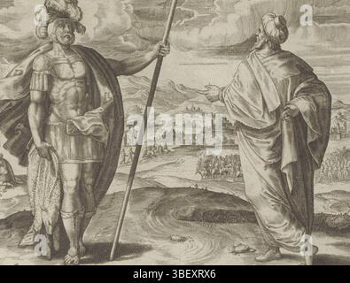 Anvers, Jode, Gerard de, Snellinck, Jan (I), Collaert, Hans (i), Thesaurus sacrarum historiaru[m] Veteris testame[n]TI, elega[n]tissimis imaginibus expressu[m] excelle[n]tissimoru[m] in HAC Arte viroru[m] opera : Now [n]c primu[m] in luce [m] editus, Icones 12 Judicum Israel, les douze juges d'Israël, Gideon et Jair, Antwerp. Gideon contrôle la peau de mouton. En arrière-plan, Gideon prie avec la peau de mouton et la rosée tombe sur la peau de mouton. Dans le paysage, les hommes de Gédéon s'agenouillent près d'une rivière pour boire. Jair pointe vers le paysage. Sa soif Banque D'Images